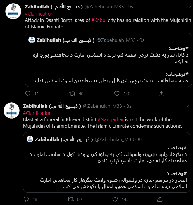 Taliban denied any relation with both attacks happened in Kabul and Nangarhar.   Taliban just condemned the Nangarhar attack. It did not condemn the Kabul attack