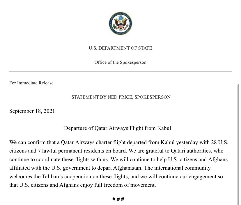 We can confirm that a Qatar Airways charter flight departed from Kabul yesterday with 28 U.S. citizens and 7 lawful permanent residents on board, says @StateDeptSpox