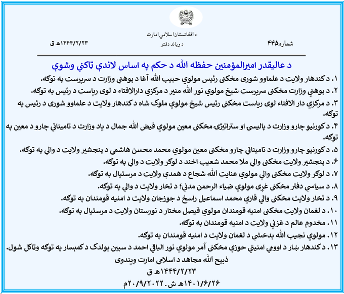 Reshuffling in the Taliban government once again, including appointment of a close aide of Taliban's emir from Kandahar as the new Education Minister