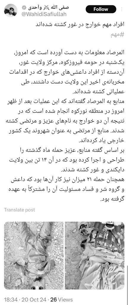 أعلن المتحدث باسم حركة طالبان أن الغارة على خلية لتنظيم داعش في منطقة ماركو في فيروزكوه عاصمة ولاية غور أسفرت عن مقتل اثنين من أعضاء التنظيم، بما في ذلك قائدهم.