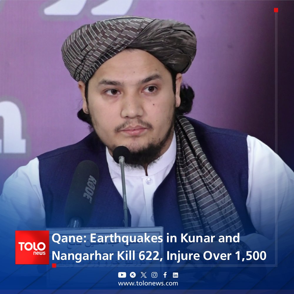 Abdul Mateen Qane, spokesperson for the Ministry of Interior, stated that last night’s earthquakes in Kunar and Nangarhar have so far killed 622 people and injured 1,555 others, with many homes destroyed. Of the deceased, 610 are from Kunar and 12 from Nangarhar. Among the injured, 1,300 are in Kunar and 255 in Nangarhar. Qane, quoting Interior Minister Khalifa Sirajuddin Haqqani, said that local officials must immediately assist the affected families